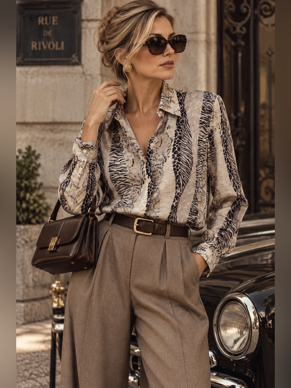 cleo Taupe, Black & Cream Animal Print Button-Down Silk Blouse